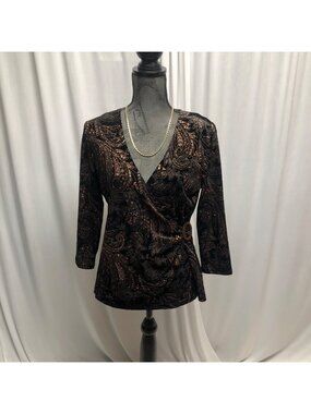 Notations Sparkly Velvet Wrap Top Womens Size Medium Black Copper Paisley V Neck